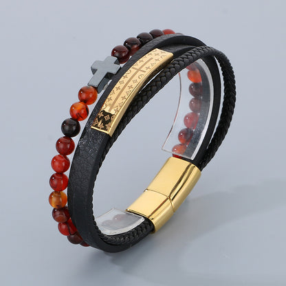 Vintage leather bracelet for men with titanium steel cross &amp; agate beads – multi-layer braided