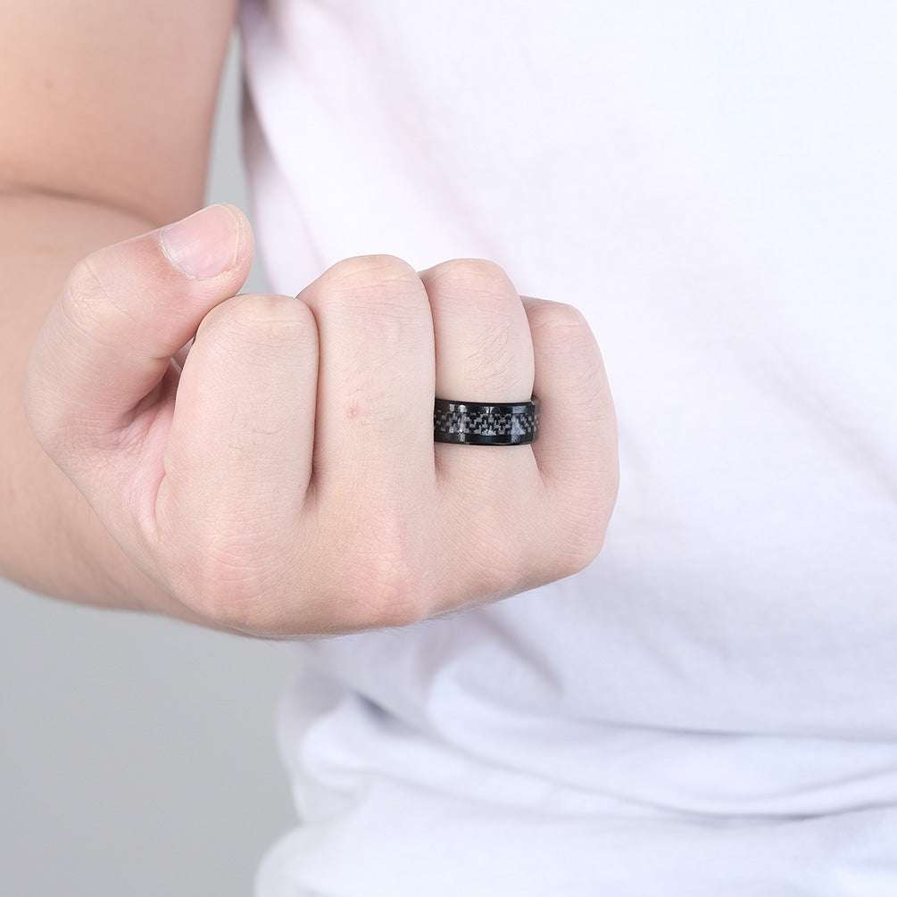Schwarzer Wolframkarbid Ring mit Carbon-Einsatz - Reiner Schwarz Männerring - 8mm Kratzfester Ehering - Moderner Männerschmuck