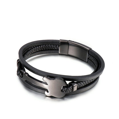 Titanium steel bracelet with mini guitar pendant – multi-layer braided leather strap in vintage design