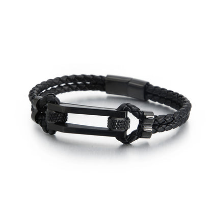 Stainless steel bracelet with double leather braid – titanium steel accents for urban style