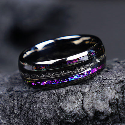 Herrenring aus wolframcarbid, 8 mm, gunmetal plattiert, mit Galaxie-Design an den Rändern und Eisenspänen in der Mitte