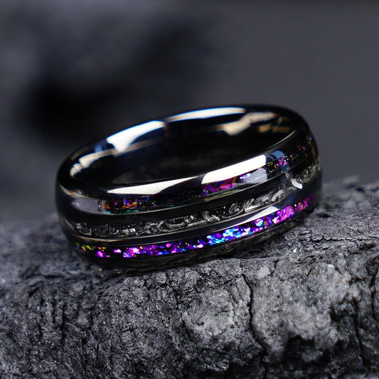Herrenring aus wolframcarbid, 8 mm, gunmetal plattiert, mit Galaxie-Design an den Rändern und Eisenspänen in der Mitte