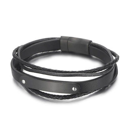 Multi-layered leather bracelet with stainless steel &amp; magnetic plate – hand-woven unique jewelry