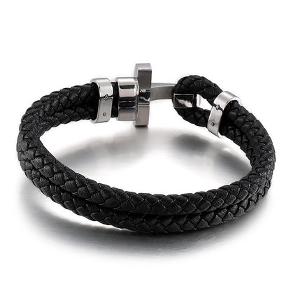 Stainless steel bracelet for men – stylish leather braid with geometric clasp