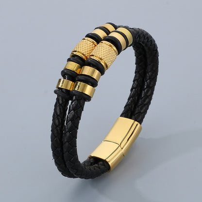 Multi-layered leather braided bracelet made of stainless steel – retro punk design with magnetic clasp