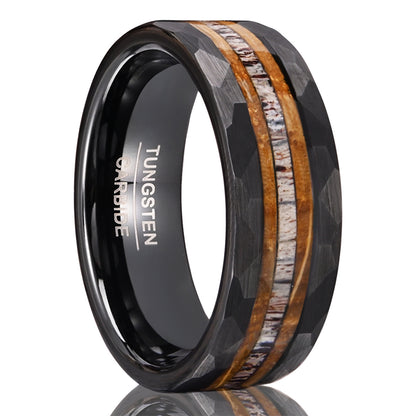 PIOWNN 8mm Wolframcarbid Ring - Schwarz beschichtet mit Hirschhorn