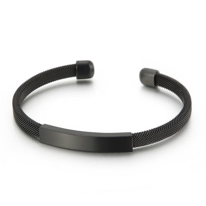 Minimalist men's stainless steel bracelet – Lightweight C-shaped mesh design with curved metal plate