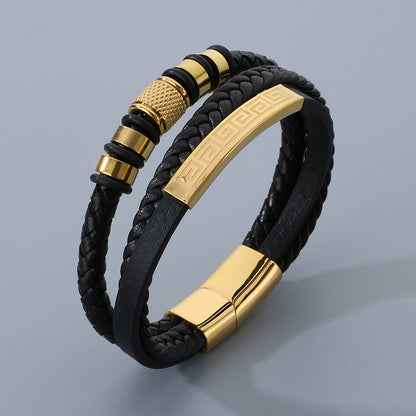 Men's titanium steel bracelet - multi-layer leather braid with curved stainless steel sheet and magnetic clasp