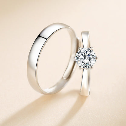 S925 Sterling Silver Couple Rings (6-Prong) - Rhodium-plated white gold look, adjustable &amp; with cubic zirconia
