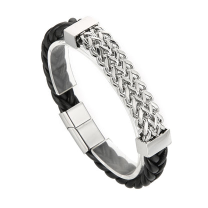 Double-row leather bracelet with titanium steel chain – magnetic clasp for men