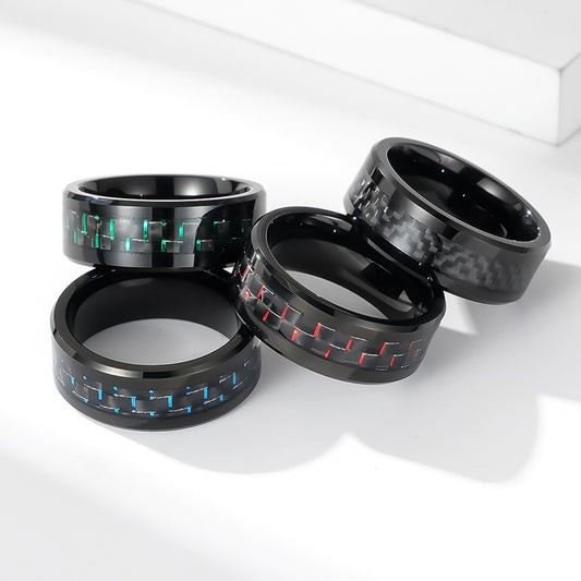 Schwarzer Wolframkarbid Ring mit Carbon-Einsatz - Reiner Schwarz Männerring - 8mm Kratzfester Ehering - Moderner Männerschmuck