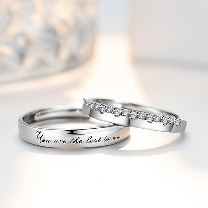 S925 Sterling Silver 'You Are The Best To Me' Couple Rings - Adjustable Size, Rhodium-plated White Gold Finish with Sparkling Zirconia Stones