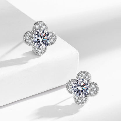 Lucky clover earrings with zirconia - copper rhodium-plated (white gold look)