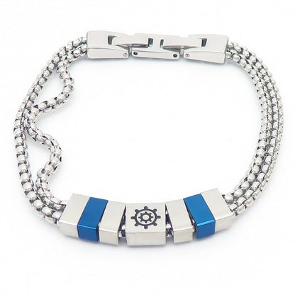 Stainless steel bracelet for men with maritime motifs - anchor, steering wheel, tree of life and stars in 2-layer design