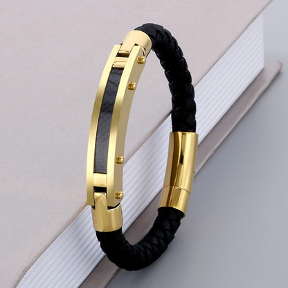 Fashionable men's bracelet made of stainless steel &amp; braided leather - With fiber or steel wire inlays