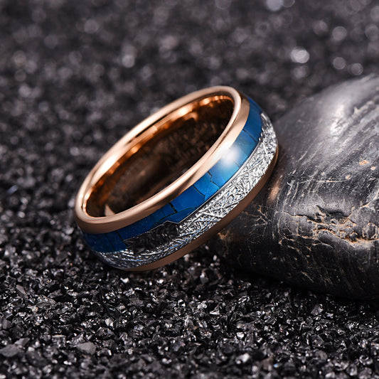 Herrenring aus Wolframcarbid mit Roségold-Beschichtung & blauer Perlmutt-Einlage – gravurfähig, ideales Geschenk