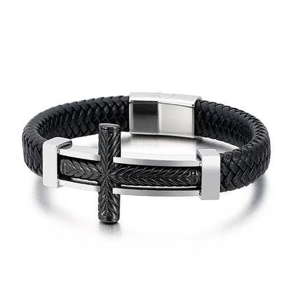 Men's braided leather bracelet with stainless steel cross – Robust men's bracelet