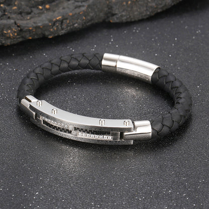 Men's bracelet with steel wire inlay – braided stainless steel leather strap