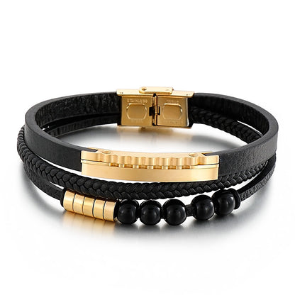Multi-layer braided leather bracelet with stainless steel &amp; geometric beads – Handmade unique jewelry