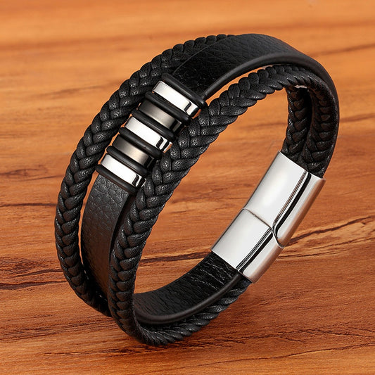 Multi-row leather bracelet with stainless steel - Handmade men's jewelry - Rustic unisex design