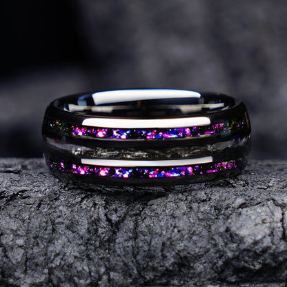Herrenring aus wolframcarbid, 8 mm, gunmetal plattiert, mit Galaxie-Design an den Rändern und Eisenspänen in der Mitte