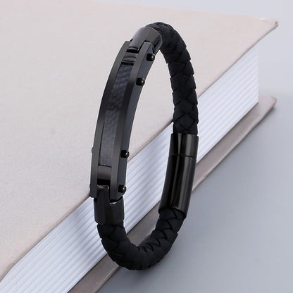 Fashionable men's bracelet made of stainless steel &amp; braided leather - With fiber or steel wire inlays