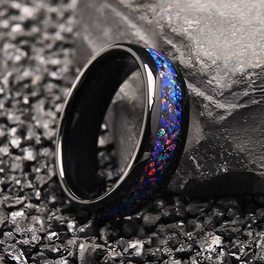 PIOWNN® Wolframstahl Verlobungsring mit Blauem / Rot Opal