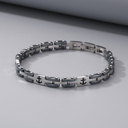 Maritime titanium steel bracelet for men – with engraved anchor motif &amp; robust link chain