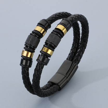 Multi-layered leather braided bracelet made of stainless steel – retro punk design with magnetic clasp