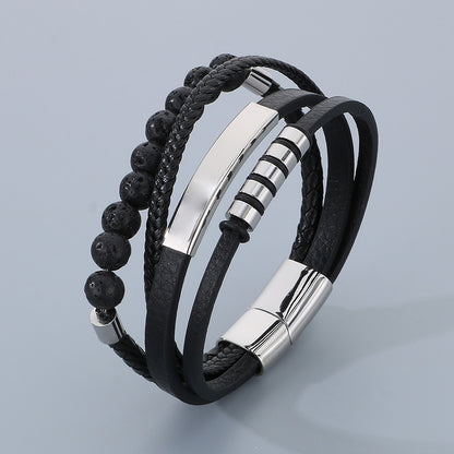 Vintage leather bracelet for men with volcanic stone &amp; magnetic plate – multi-layer microfiber braiding