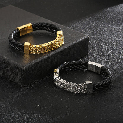 Double-row leather bracelet with titanium steel chain – magnetic clasp for men