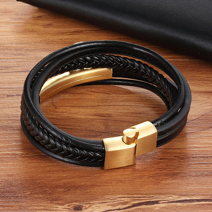 5-lagiges Titanstahl Lederarmband - Schwarz geflochtener Herrenschmuck - Robustes Naturleder-Armband mit Metallakzent