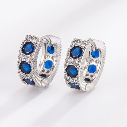 Retro-vintage earrings with blue zirconia - copper rhodium-plated (18K white gold look), Ø1.2cm x 0.4cm