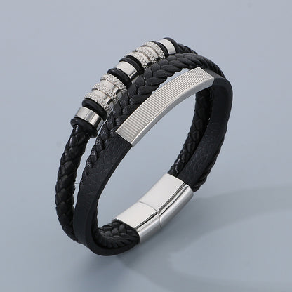 Men's titanium steel bracelet - multi-layer leather braid with curved stainless steel sheet and magnetic clasp