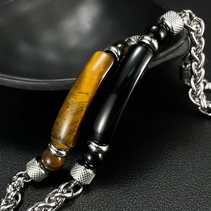 Stainless steel chain bracelet with tiger eye &amp; titanium – For men