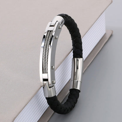 Fashionable men's bracelet made of stainless steel &amp; braided leather - With fiber or steel wire inlays