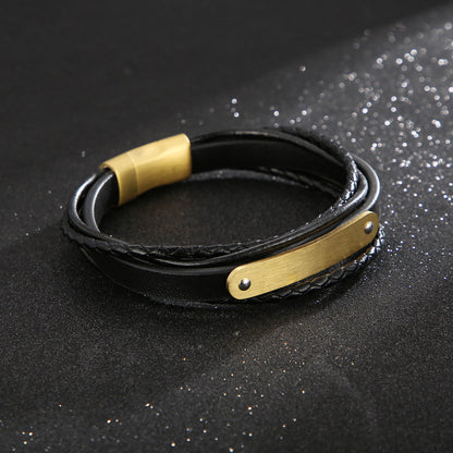 Multi-layered leather bracelet with stainless steel &amp; magnetic plate – hand-woven unique jewelry