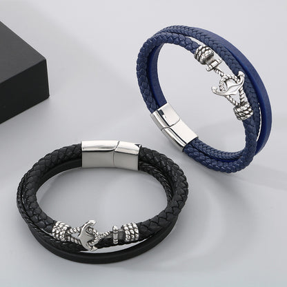 Maritime leather bracelet with stainless steel anchor charm – multi-layered hand-braided
