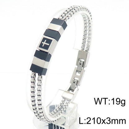 Stainless steel bracelet for men with maritime motifs - anchor, steering wheel, tree of life and stars in 2-layer design