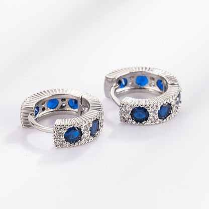 Retro-vintage earrings with blue zirconia - copper rhodium-plated (18K white gold look), Ø1.2cm x 0.4cm