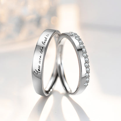 S925 Sterling Silver 'You Are The Best To Me' Couple Rings - Adjustable Size, Rhodium-plated White Gold Finish with Sparkling Zirconia Stones
