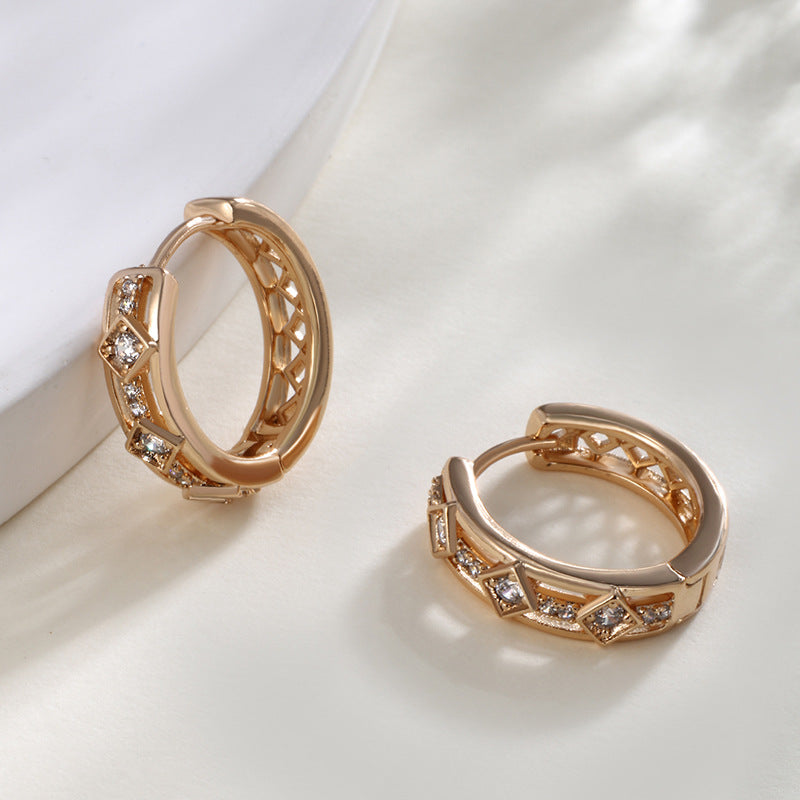 Square ear clips with zirconia - copper alloy gold-plated (1.9 cm)