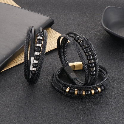 Multi-layered black leather bracelet with stainless steel accents – Hand-woven unique jewelry