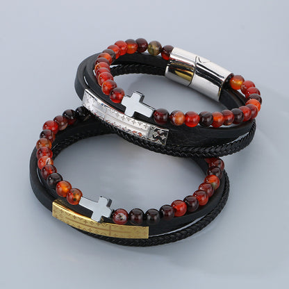 Vintage leather bracelet for men with titanium steel cross &amp; agate beads – multi-layer braided