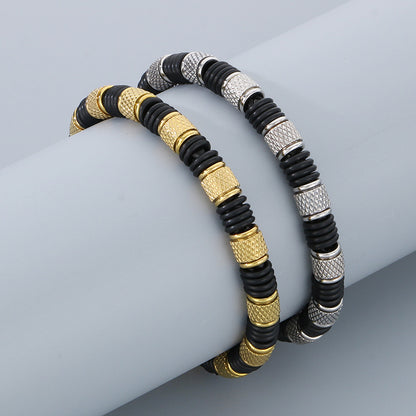 Stainless steel bracelet for men with microfiber leather insert – Timeless pearl design for business &amp; leisure