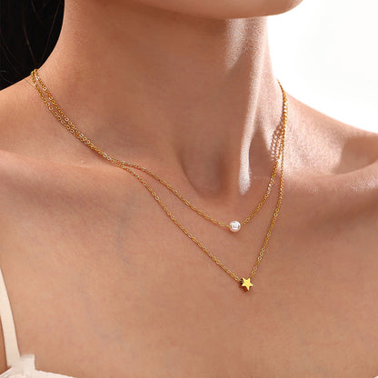 Star double chain with imitation pearls – 18K gold-plated stainless steel or silver look for stylish layering