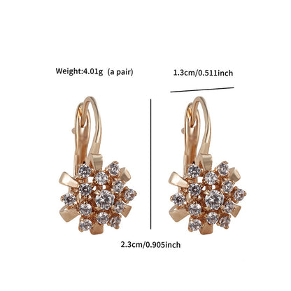 Fashionable flower ear clips with zirconia - copper alloy gold-plated (2.1 cm)