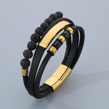 Vintage leather bracelet for men with volcanic stone &amp; magnetic plate – multi-layer microfiber braiding