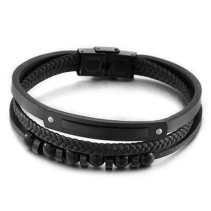 Multi-layer braided leather bracelet with stainless steel &amp; geometric beads – Handmade unique jewelry