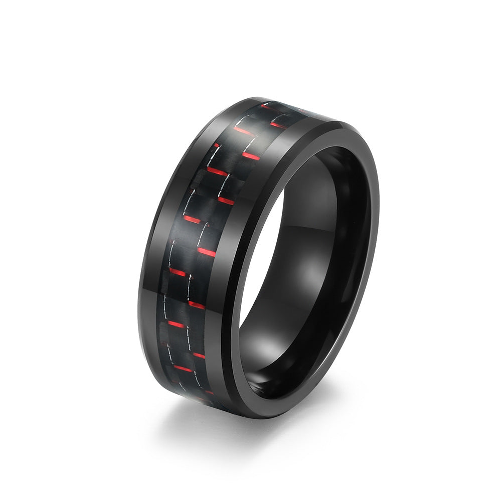 Schwarzer Wolframkarbid Ring mit Carbon-Einsatz - Reiner Schwarz Männerring - 8mm Kratzfester Ehering - Moderner Männerschmuck